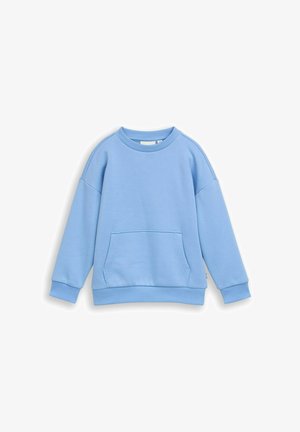 Hellblauer Sweatshirt mit langen Ärmeln, gerippten Bündchen an Ärmelenden, Saum und Rundhalsausschnitt, mit einer Kängurutasche vorne.