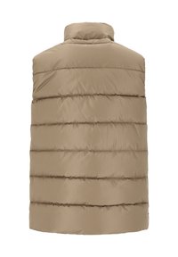 Beige gepolsterte Weste mit hohem Kragen, horizontalen Nähten und einer glatten, glänzenden Textur. Keine sichtbaren Verschlüsse oder Taschen.