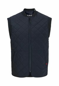 Gilet trapuntato blu navy con colletto alto, cerniera frontale e due tasche laterali. Realizzato in materiale leggero e liscio con un colore uniforme.
