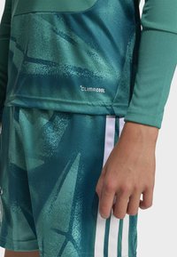 Athletic shirt and shorts in textured green fabric, featuring graphic patterns. CLIMACOOL logo visible; side stripes in white.