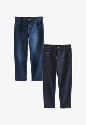 Deux paires de jeans coupe droite dans des nuances variées de bleu foncé. Une paire a un délavage usé, et les deux sont dotées de poches avant standard et de passants de ceinture.