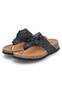 Schwarze Blumensandalen mit einem strukturierten Lederoberteil, Korkfußbett und Gummisohle. Verfügt über Blumengruppen am Riemen.