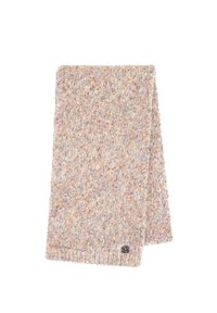 Dziany szalik z miękkiej, wielokolorowej włóczki w pastelowych odcieniach, z prążkowanym brzegiem i małym, okrągłym logo przyszytym w dolnym rogu.