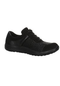 Black athletic shoe features a textured mesh upper with a hexagonal pattern, smooth leather accents, and a cushioned rubber sole.