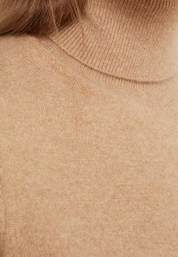 Beige coltrui van zachte brei stof, met geribbelde accenten bij de kraag en een gladde textuur, geschikt voor het dragen in lagen.