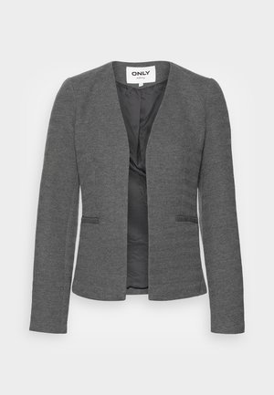 Grijze blazer met open voorkant en subtiel visgraatpatroon, lange mouwen en twee zakken aan de voorkant, gevoerd aan de binnenkant.