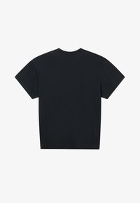 T-shirt noir à manches courtes et col rond, avec un dos uni, présenté sur un fond blanc.