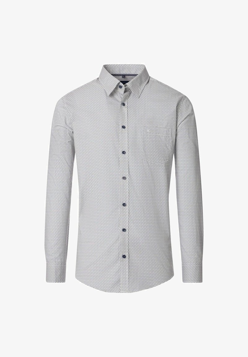 Lichtgrijze button-up shirt met een geometrisch blauw patroon, lange mouwen en een enkele borstzak. Heeft marineblauwe knopen en een klassieke kraag.