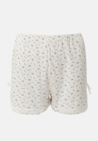 Shorts en coton à motif floral crème avec une taille élastique froncée, une bordure en dentelle et des nœuds latéraux pour un ajustement ajustable.
