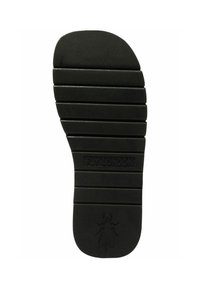 Czarny gumowy spód z poziomymi rowkami, z wypukłym logo i wzorem muchy, zapewniający przyczepność i wsparcie.