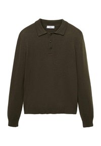 Dark green knitted polo sweater with a classic collar, three-button placket, and ribbed cuffs and hem. Soft texture, medium-weight fabric.