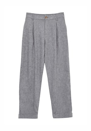 Pantalons en lin gris clair avec une finition texturée, présentant un devant plat, deux plis et un seul bouton à la taille. Ourlets à revers.