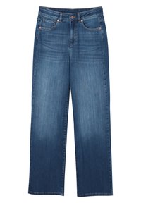 Jeans de pierna ancha de mezclilla azul, con un lavado medio, diseño de cinco bolsillos, costura en cobre y cierre frontal con botón.