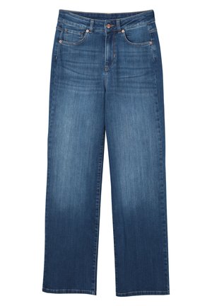 Wijduitlopende blauwe jeans van denim, voorzien van een medium wash, vijf-pocket ontwerp, koperen stiksels en een ritssluiting aan de voorkant.
