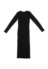 Abito lungo nero a maniche lunghe con silhouette aderente, realizzato in tessuto morbido. Presenta un collo rotondo e una lunghezza alla caviglia. Nessun motivo o dettaglio visibile.