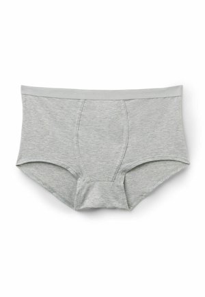 Jasnoszare męskie bokserki z elastycznym pasem i detalem szwu na przodzie kieszeni, ułożone płasko na białym tle.