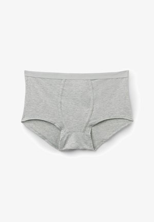 Jasnoszare męskie bokserki z elastycznym pasem i detalem szwu na przodzie kieszeni, ułożone płasko na białym tle.