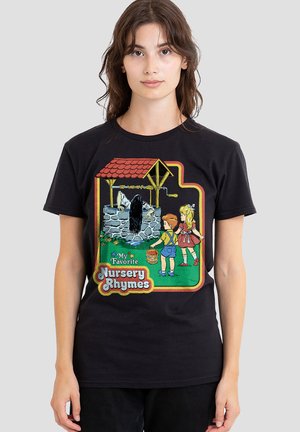 Young woman wearing black T-shirt showing vintage well with ghostly figure and two children holding bucket, text "My Favorite Nursery Rhymes."