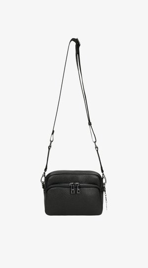 Borsa a mano in pelle nera con finitura testurizzata. Presenta due scomparti con zip e una tracolla regolabile per una maggiore versatilità.