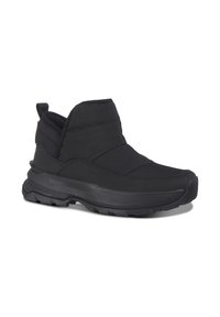 Schwarze, knöchelhohe Slip-On-Stiefel aus gepolstertem Stoff, mit einer dicken Gummisohle mit robustem Profil und einem Ziehschlaufe für einfaches Anziehen.