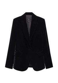 Blazer en velours noir avec col cranté, fermeture à un bouton, deux poches avant, et doublure intérieure lisse. Design classique et ajusté.
