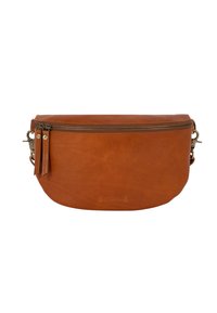Tan leather bag with a rounded shape, a zip closure, hanging tab, and metal hardware accents. Minimalist design with a smooth texture.