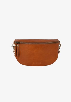 Tan leather bag with a rounded shape, a zip closure, hanging tab, and metal hardware accents. Minimalist design with a smooth texture.