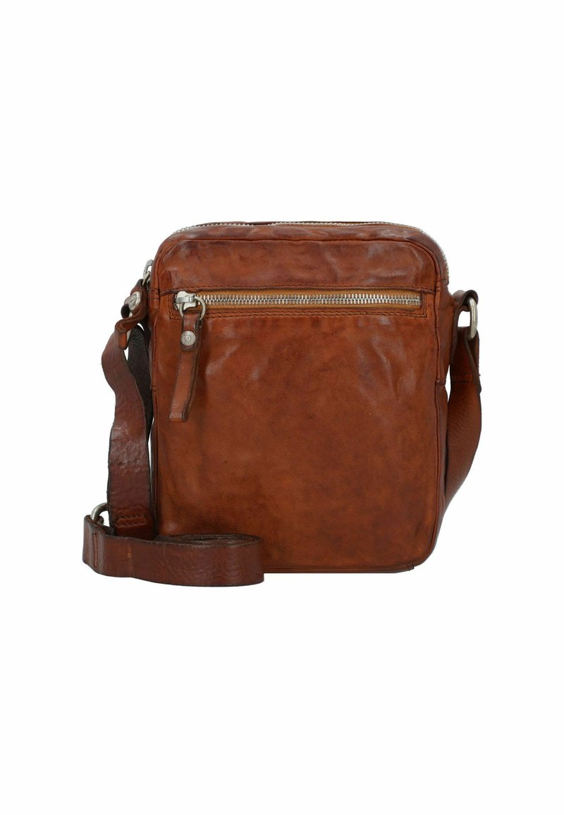Braune Leder-Crossbody-Tasche mit glatter Oberfläche, Reißverschluss vorne und verstellbarem Tragegurt. Verfügt über minimalen metallischen Beschlag.