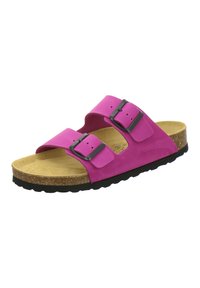 Pink suede slide sandal with two black adjustable buckles, cork footbed, and textured rubber sole. Open-toed design for breathability.