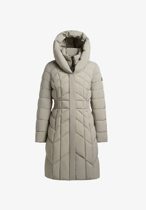 Helle beige gepolsterte Jacke mit großer Kapuze, im Rautenmuster gesteppt, langen Ärmeln und einem Reißverschluss vorne.