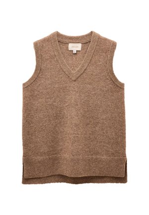 Chaleco de punto marrón sin mangas con cuello en V y bajo y sisas acanalados, talla pequeña, colocado plano.