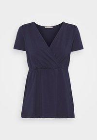 Mörkblå kortärmad omlottopp med V-ringning, samlad midja och mjukt tyg som erbjuder en avslappnad passform och jämn textur.