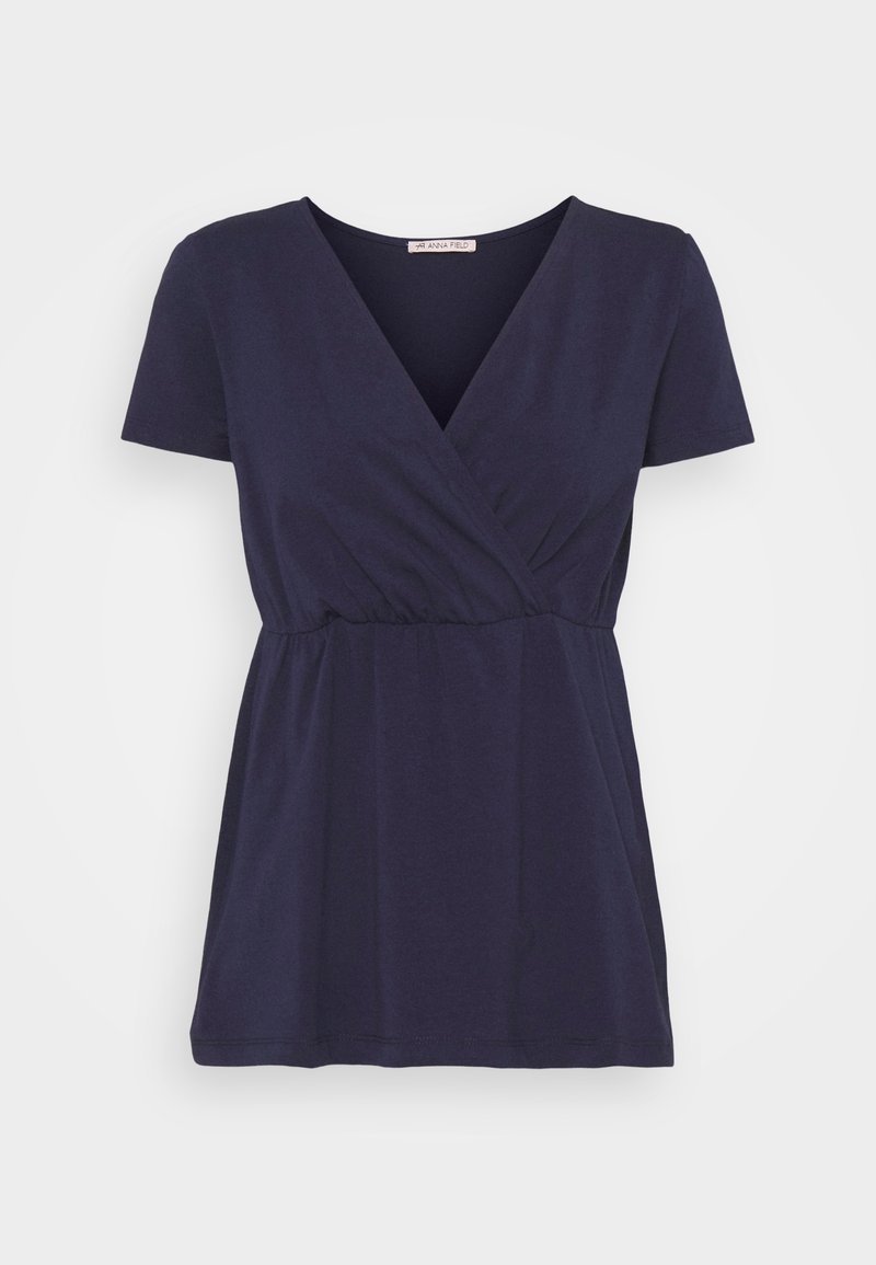 Mörkblå kortärmad omlottopp med V-ringning, samlad midja och mjukt tyg som erbjuder en avslappnad passform och jämn textur.