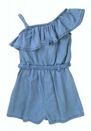 Denim romper i lyseblå med en enkelt skulderstrop, flæset halsudskæring, elastisk talje og flettet bælte. Blød tekstur og afslappet pasform.