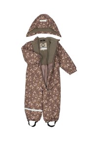 Combinaison de neige marron à motif floral avec capuche amovible, doublure en polaire, poignets élastiques et accents blancs réfléchissants. Adaptée aux temps froids.