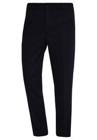 Tmavě modré společenské kalhoty z hladké tkaniny, s rovnými nohavicemi, poutky na pásek, standardním zapínáním na knoflík a bočními kapsami.