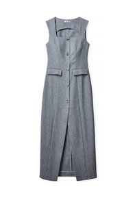 Pilkas, be rankovių suknelė tiesiu kirpimu, priekyje su sagomis ir dviem kišenėmis. Turi nugaros įpjovimą, kad būtų lengviau judėti. Lygi tekstūra.