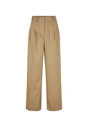 Beige bukser med brede ben, der har en glat front, plisseringer og en blød stoftekstur. Designet med en klassisk talje og skræddersyet silhuet.