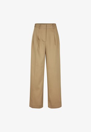Béžové kalhoty s širokými nohavicemi, plochým předním dílem, záhyby a hladkou texturou látky. Navrženy s klasickým pasem a střihaným siluetou.