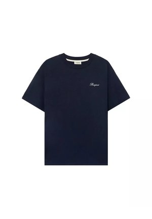 Navy blue short-sleeve T-shirt with "Pompei" text embroidered in white on the left chest, crew neck design, and plain fabric.