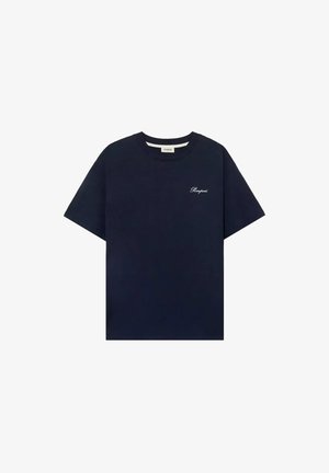 T-shirt a maniche corte blu navy con la scritta "Pompei" ricamata in bianco sul lato sinistro del petto, girocollo e tessuto semplice.