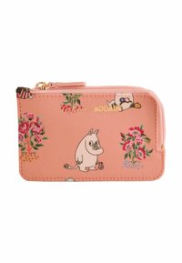 Rožinė piniginė su užtrauktuku, papuošta Moomin personažais ir gėlių raštais. Pagaminta iš tekstūruotos medžiagos, su auksinės spalvos detalėmis.