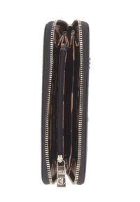 Portafoglio nero con zip a tutto intorno, zip dorata, tasca per monete con zip, slot per carte e foderato in stampa leopardata.