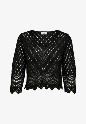 Maglione nero lavorato a maglia con scollo a V, maniche a tre quarti e orlo ondulato. Presenta un motivo ad openwork a zigzag su tutta la superficie.