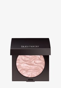 Iluminador Laura Mercier en un compacto cuadrado negro, con un polvo rosa texturizado que presenta patrones ondulados en su interior.