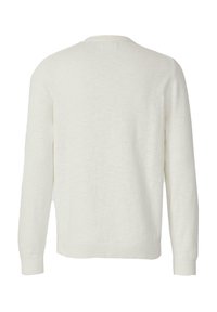 Pull en maille blanc à manches longues avec un col ras du cou, vu de dos sur un fond blanc uni.