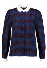 Blue and burgundy plaid shirt with a white scalloped collar, long sleeves, and front buttons, featuring a textured fabric pattern.