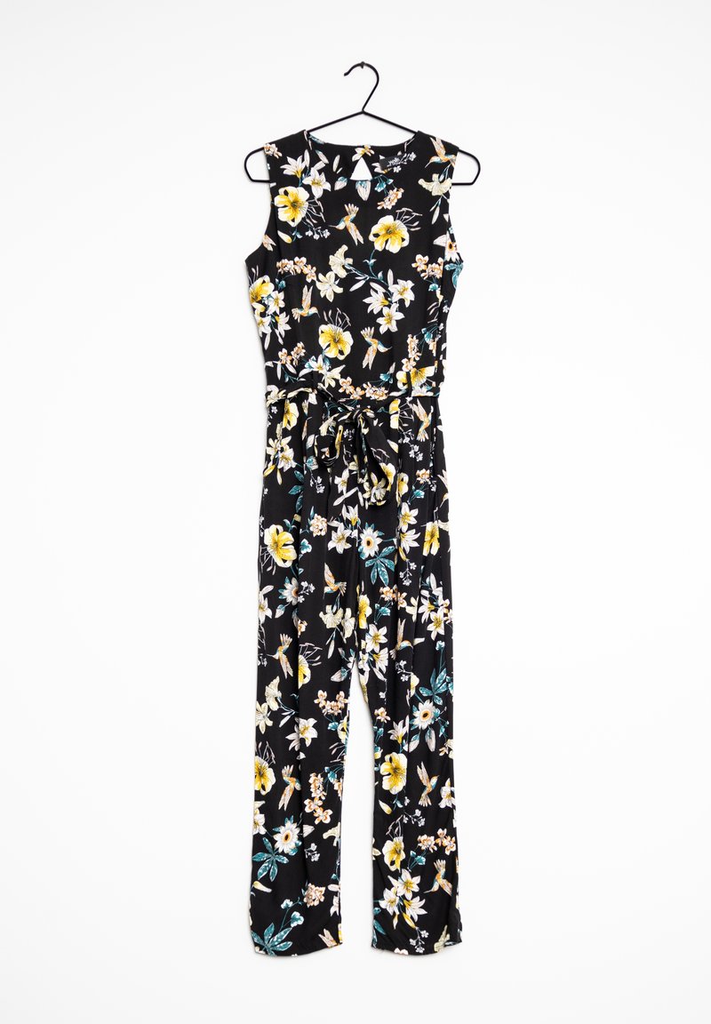 Monos de flores con fondo negro, mangas cortas, cintura ceñida con cinturón y vibrantes patrones de flores en amarillo y azul. Tejido ligero.