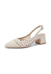 Scarpa slingback di colore beige, con punta affilata e design texturizzato. Tacco spesso e cinturino alla caviglia regolabile per maggiore stabilità.