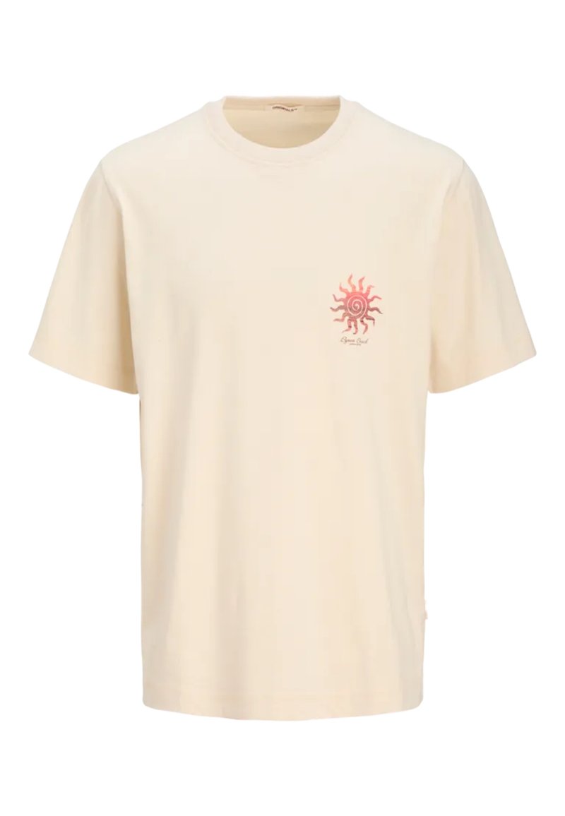 Cream-colored cotton t-shirt with short sleeves, featuring a red spiral sun graphic on the left chest. Classic crew neck design.